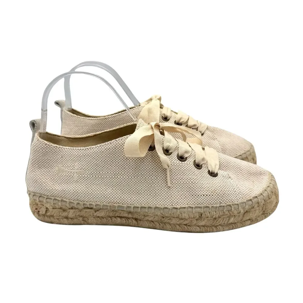 Manebi EU 39 Hampton Neutral Beige Canvas Lace Up Platform Espadrille Sneakers